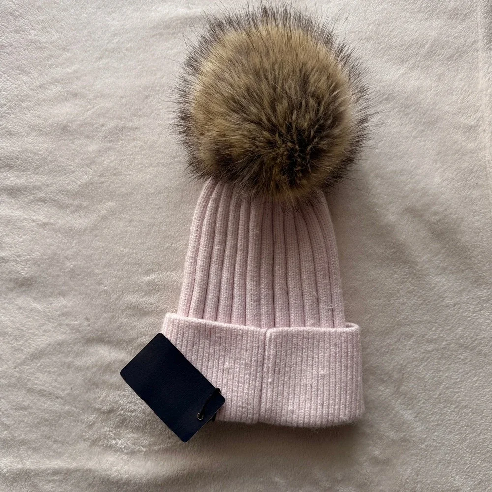 Norla Canada Pink Ribbed Knit Beanie with Real‎ Fur Pom Pom Handmade